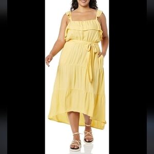 Goodthreads women midi dress fluid twill belted vacation ruffle size XXL yellow